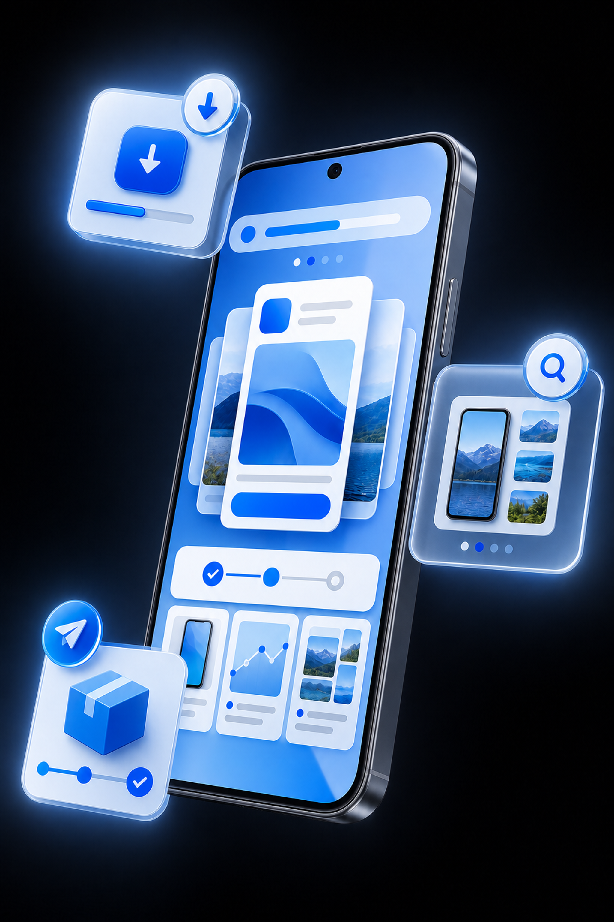 A phone displaying app testing, screenshot and delivery progress.